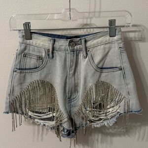White Fox Boutique Light Gray Jean Shorts with Diamond Chain Fringe